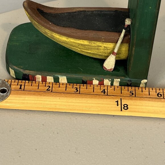 Wooden Canoe Bookends Green Yellow Rustic Man Cave Boys Room Fishing Lightweight - Picture 14 of 16
